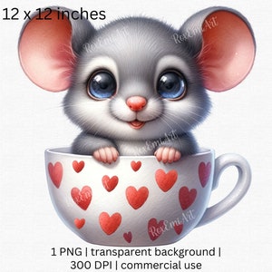 Clipart de ratón en una taza de té con corazones de acuarela: perfecto para lindas tarjetas de San Valentín, tarjetas de invitación, pegatinas u otras manualidades. Uso comercial