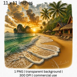 Goldener Strand-Sonnenuntergang PNG, Tropisches Paradies Clipart, Ruhige Ozeanwelle Clipart, Exotische Palmen Küstengrafik, Wunderliche Insel Png, Sommer Png