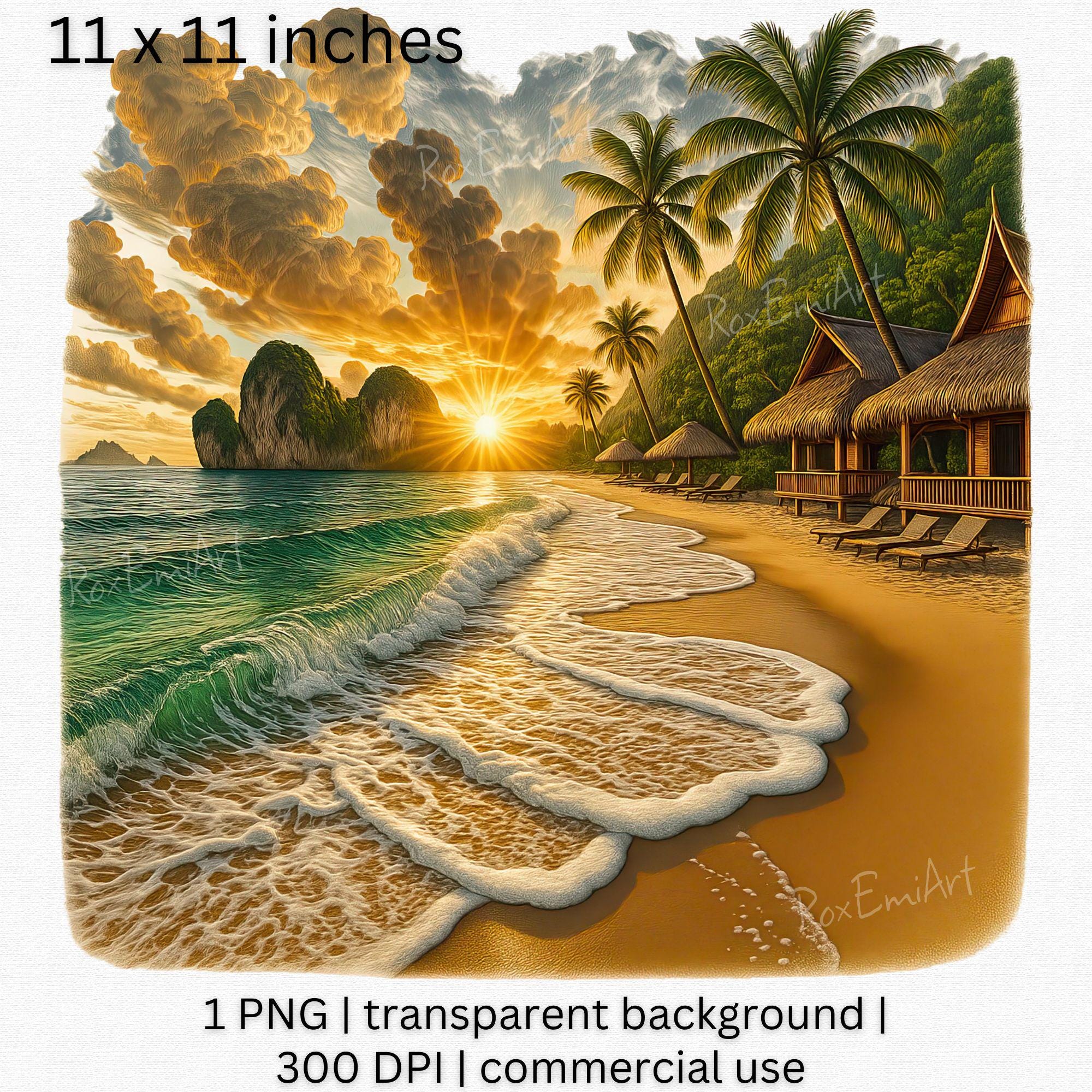 Golden Beach Sunset PNG, Tropical Paradise Clipart, Serene Ocean Wave Clipart, Exotic Palm Coastal Graphic, Whimsical Island Png, Summer Png