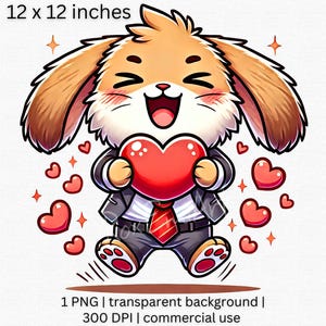 Cheerful Valentine Rabbit Clipart, Cute Business Bunny PNG, Cute Heart Animal Clipart, Valentine PNG, Cartoon Animal in Suit Digital Art