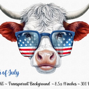 4. Juli Clipart | Lustige Kuh mit Sonnenbrille mit amerikanischer Flagge | Patriotische Kuh | Digitale PNG-Grafiken | Kostenlos für die kommerzielle Nutzung!
