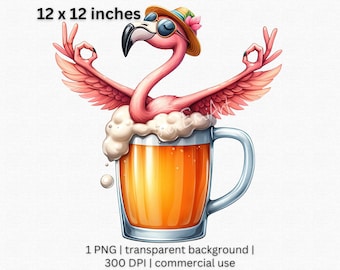 Summer Vibes Flamingo Clipart, Funky Tropical Bird PNG in Beer Mug - For Home Bar Decor, Beach Party Graphic, Relaxing Vacation Illustration