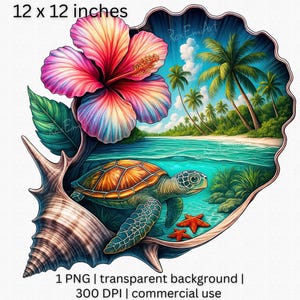 May include: A digital art print featuring a tropical scene within a seashell. A vibrant hibiscus flower, a sea turtle, and a beach with palm trees are depicted. The artwork measures 12 x 12 inches.