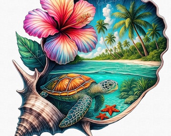 Tropical Sea Turtle Png, Summer Png, Beach Png, Shell Ocean Clipart, Palm Tree Island Png, Hibiscus Coastal Decor, Sea Life Digital Art