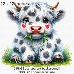 Baby Highland Cow PNG para cartões de dia dos namorados, decoração de chá de bebê de bebê em flor, decoração de berçário ou qualquer outro design. Licença Comercial Incluída!