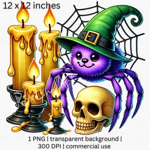 Cute Halloween Spider Clipart, Skull Candle PNG, Spooky Cartoon Web Graphic, Adorable Witch Spider Halloween Clipart, Transparent Background