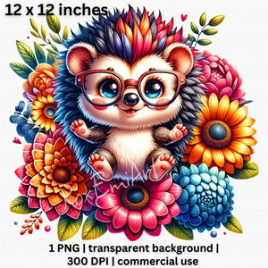 May include: A cute cartoon hedgehog wearing glasses and surrounded by colorful flowers. The hedgehog has a red, blue, and black spiky mane. The flowers are pink, yellow, orange, and blue.