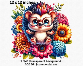 Adorable Floral Hedgehog Clipart, Whimsical Animal with Glasses PNG, Watercolor Woodland Creature Clipart, Transparent Background