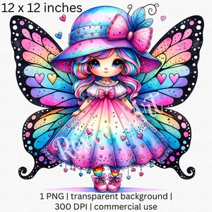 Może przedstawiać: Cyfrowa ilustracja wróżki z tęczowymi skrzydłami i różową sukienką. Ma na sobie różowy i niebieski kapelusz z kokardką. Wróżka jest otoczona sercami.