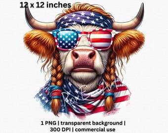 Clip art de vaca de las Tierras Altas patrióticas para el 4 de julio