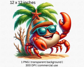 Tropical Beach Crab PNG, Summer Vibes Png, Beach Crab Clipart, Tropical Cartoon Crab PNG, Cute Ocean Animal Art, Palm Tree Digital Download