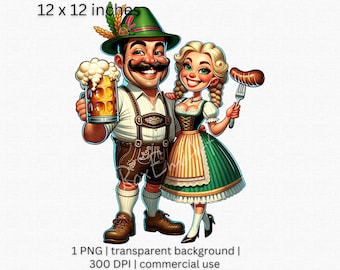 Partying Bavarian Couple Clipart, German Festival Digital Download, Beer Mug & Sausage Graphic, Folk costume PNG, Transparent Background