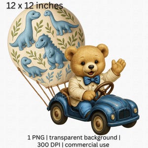 Cute Teddy Bear in Blue Car Clipart, Dinosaur Hot Air Balloon Clipart, Baby Boy Shower Clipart, Nursery Clipart, Printable Kids Room Decor