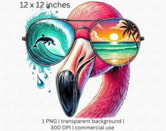 Stylish Flamingo PNG, Pink Bird with Sunglasses Clipart, Retro Beach Png, Summer Aesthetic Digital Download, Ocean Sunset Illustration