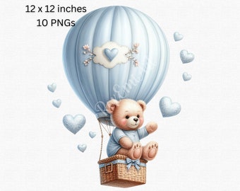 Adorable Teddy Bear Hot Air Balloon Clipart, Cute Digital PNG Bundle Set of 10, Transparent Background, Commercial License Included