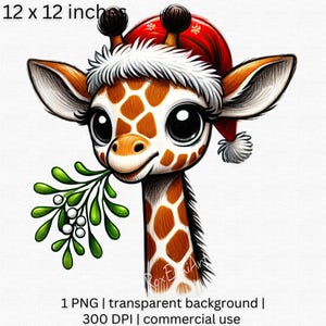 Clipart Noël girafe, mignon girafe de vacances avec bonnet de Noel & gui, adorable clipart animal festif, fond Transparent PNG