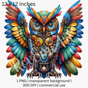 May include: A colourful, 30.5 cm by 30.5 cm digital download of a steampunk owl with intricate gears and metallic wings. The owl is rendered in shades of blue, green, red, and yellow.