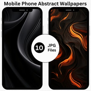 May include: Two mobile phone screens displaying abstract wallpapers. The left screen shows a black and gray abstract design. The right screen shows a black and orange abstract design. The text "10 JPG Files" is displayed in a white circle.