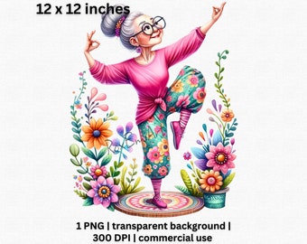 Whimsical Grandma Clipart, Vibrant Floral Granny PNG, Fun Elderly Woman Decor, Senior Fitness Illustration, Transparent Background