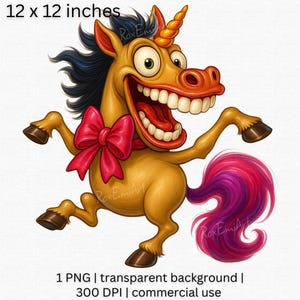 Funny Whimsical Unicorn PNG, Magical Horse Clipart, Toothy Unicorn with Bow Png, Quirky Animal Clipart, Digital Download for Sublimation