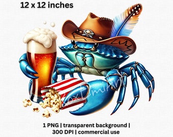 Quirky Blue Crab PNG, Charming Cowboy Crab with Beer Clipart, Fun Nautical Decor for Bar or Beach House, Transparent Background