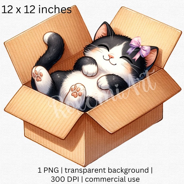 Simpatico gatto nero con fiocco rosa clipart in una scatola: perfetto per magliette per amanti dei gatti, stampe per copertine di libri per bambini o qualsiasi altro design. Uso commerciale