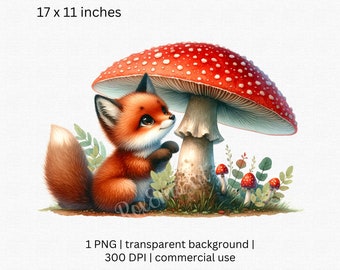 Watercolor Fox Mushroom Woodland Clipart