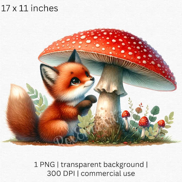 Cute Fox and Mushroom Clipart, Whimsical Watercolor Animal Portrait, Woodland Nursery Cottagecore Decor, Fox Sublimation, Commercial Use