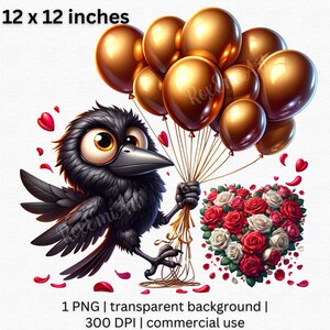 Zaczarowany Kruk z Pozłacanymi Balonami - Serca Róże Cyfrowe Clipart na Zaproszenia, Scrapbooking, Użytek Komercyjny Wliczony