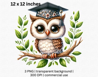 Adorable Graduation Clipart, Cute Owl with Floral Cap, Perfect Graduation Gift, Charming Woodland Decor, Whimsical Bird PNG, Commercial Use