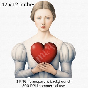 Acuarela San Valentín Día Mujer Joven Clipart, Chica con Vestido Princesa Sosteniendo un Corazón Rojo, San Valentín Retro, Uso Comercial