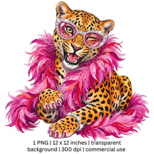 May include: A digitally illustrated leopard wearing pink rhinestone sunglasses, a pink feather boa, and a rhinestone bracelet. The leopard has a winking expression and a smiling mouth. The image is on a white background.