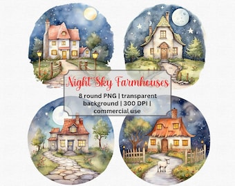 Summer Night Sky Farmhouse Clipart | Cottagecore Clipart PNG Pack | Free Commercial Use!