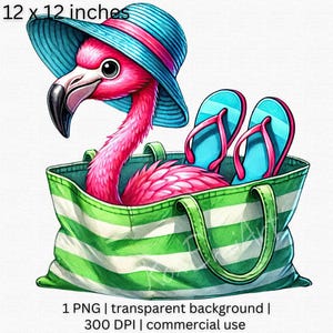 May include: A pink flamingo with a blue and white sun hat is inside a green and white striped tote bag. The flamingo is wearing blue flip flops. The bag has a white stripe across the top and bottom.