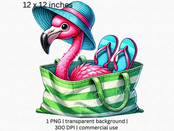 Summer Flamingo PNG, Beach Bag Flamingo Clipart, Flamingo with Hat & Flip Flops PNG, Tropical Vacation PNG, Transparent Background