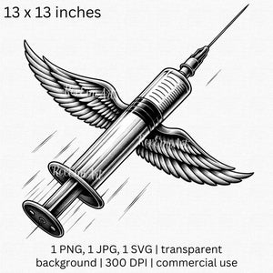 May include: A black and white illustration of a syringe with wings. The syringe is flying through the air with a trail of motion lines behind it. The wings are detailed and have a realistic look.