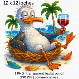 面白いカモメのPNG画像、リラックスしたビーチの鳥のPNG画像、トロピカルな海辺のユーモアクリップアート、ワインのPNG画像、夏の雰囲気のPNG画像、鳥のシャツのデザイン