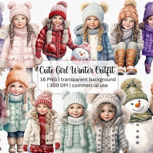 Niña con ropa de invierno cálida y acogedora y botas de invierno, imágenes prediseñadas de chica de moda, imágenes prediseñadas de muñeco de nieve, uso comercial permitido