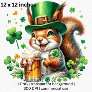 May include: A cartoon squirrel wearing a green leprechaun hat and holding a glass of beer. The squirrel is surrounded by green shamrocks and is set against a white background.