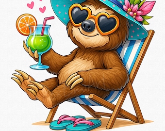Cute Summer Sloth Clipart, Beach Png, Relaxing Tropical Animal PNG, Summer Vacation PNG, Lazy Vibes Png, Summer Png Designs, Party Sloth Png