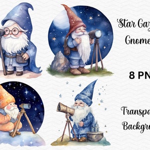 Watercolor Stargazing Gnome Clipart | Telescope Adventures Clipart | PNG Bundle | Free Commercial Use!