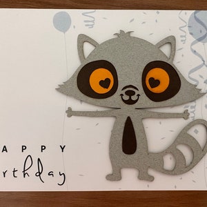 Guaxinim feliz/desejos de aniversário/único/feito à mão/animal fofo/cartão 3D/para crianças/para ela ou ele