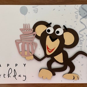 Macaco feliz/desejos de aniversário/único/feito à mão/animal fofo/cartão de felicitações 3D/para crianças/para ela ou ele