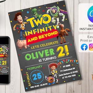 Two Infinity and Beyond Birthday Invitation | 2nd Birthday Toy Kids Birthday Party Invite | Digital Canva Template | Toys