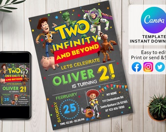 May include: A colorful birthday party invitation featuring characters from the Toy Story movie franchise. The invitation is for a boy named Oliver who is turning two. The invitation has a chalkboard background with the text "Two Infinity and Beyond" and "Let's Celebrate Oliver is Turning 2!" The invitation also includes the date, time, and location of the party.
