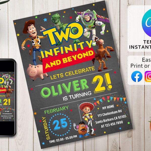 Invitación de cumpleaños "Dos infinitos y más allá" / Invitación de cumpleaños para niños de 2º cumpleaños con temática de juguetes / Plantilla digital de Canva / Juguetes