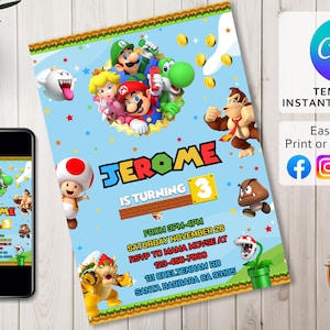 O menino do aniversário de Mario Bros convida de <br> Entrega Rápida? Convite do aniversário de Mario | Cartão do tema da festa de anos de Mario de <br> Entrega Rápida? Convite Digital | Convite de aniversário infantil 5x7