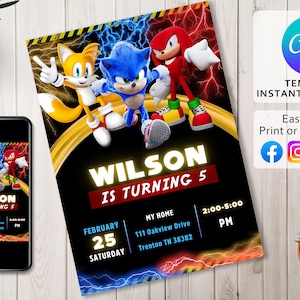 Faire-part d'anniversaire Sonic le hérisson - invitation numérique pour enfants - invitation numérique Sonic - modifiable sur Canva - modèle d'anniversaire moderne imprimable