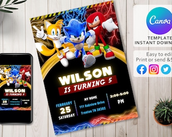 Sonic the Hedgehog-verjaardagsuitnodiging - digitale uitnodiging voor kinderen - digitale Sonic-uitnodiging - bewerkbaar in Canva - moderne afdrukbare verjaardagssjabloon