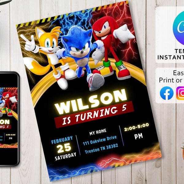 Sonic the Hedgehog Birthday Invitation - Kids Digital invite - Digital Sonic Invite - Editable in Canva - Modern Birthday Template Printable